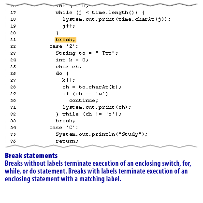 11) Break statements: Breaks without labels terminate execution of an enclosing switch, for, while, or do statement. Breaks with labels terminate execution of an enclosing statement with a matching label.