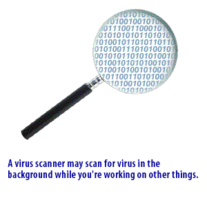 2) A virus scanner may scan for virus in the background while you are working on other things.
