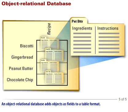 5) Object Oriented Database 2: An object relational database adds objects as fields to a table format