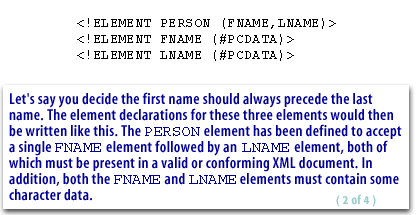 2) The PERSON element has been defined to accept a single FNAME element followed by an LNAME
