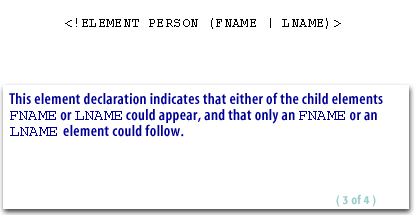 3) The element declaration indicates that either of the child elements FNAME or LNAME could apper.