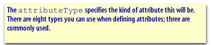 The attributeType specifies the kind of attribute this will be. There are eight types you can use when defining attributes; three are commonly used