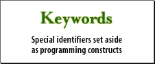 2) Keywords: Special identifiers set aside as programming constructs