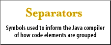 5) Separators: Symbols to inform the Java compiler of how code elements are grouped